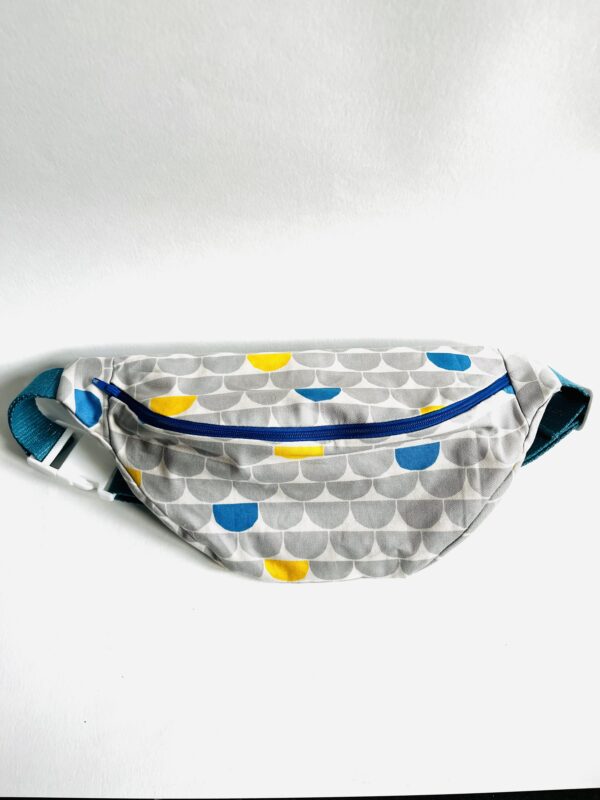 Sac banane en coton tissu blanc, gris, jaune et bleu, Greenfinity upcycling